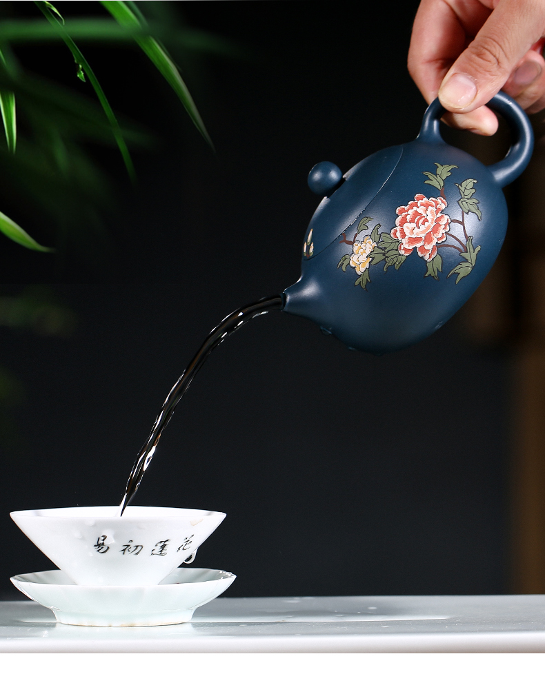 純手工紫砂壺，小巧琺瑯印花紫砂壺